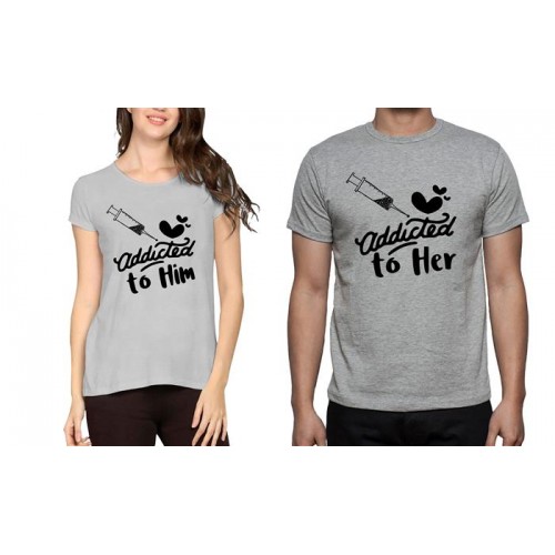 Addicted To Her Addicted To Him Couple Graphic Printed T-shirt