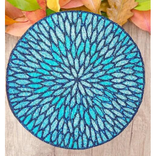Handmade Placemats, Beaded Table Mats, Round  Blue Placemats, Designer Table Mats 13x13 Inches 