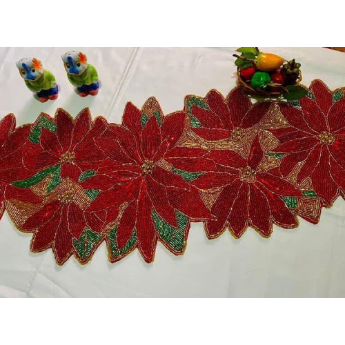 Beaded Floral Table Runner, Handmade Table Runner, Red And Gold Table Topper 13x36 Inches