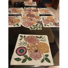 Spring Placemats, Set Of Square Placemats, Handmade Beads Table Mats & Table Runner, White Floral Table Mats 13x36 Inches (Set of 6 Placemat & 1 Table Runner)