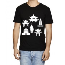 Men's Cotton Graphic Printed Half Sleeve T-Shirt - Japanese Pagoda Silhouette