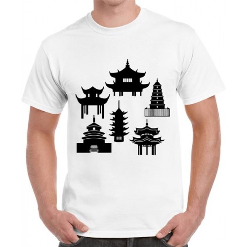 Men's Cotton Graphic Printed Half Sleeve T-Shirt - Japanese Pagoda Silhouette