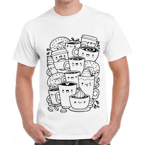 Men's Round Neck Cotton Half Sleeved T-Shirt With Printed Graphics - Cute Coffee Friend