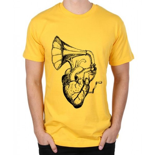 Men's Round Neck Cotton Half Sleeved T-Shirt With Printed Graphics - Music Heart