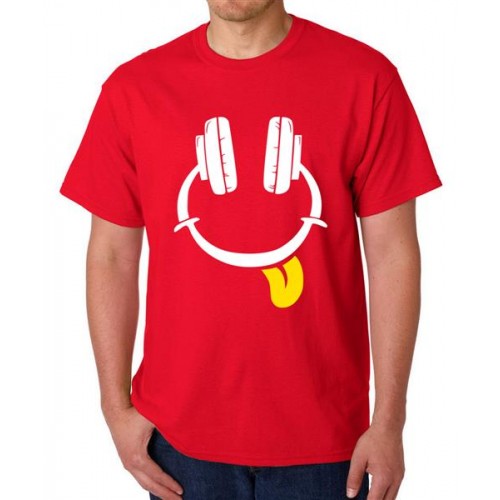 Men's Round Neck Cotton Half Sleeved T-Shirt With Printed Graphics - Music Smiley