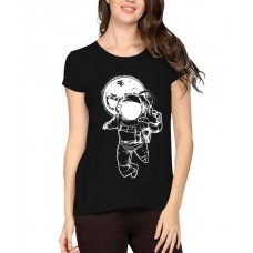Caseria Women's Cotton Biowash Graphic Printed Half Sleeve T-Shirt - Catch Me Astronaut