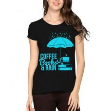 Caseria Women's Cotton Biowash Graphic Printed Half Sleeve T-Shirt - Coffee Books And Rain