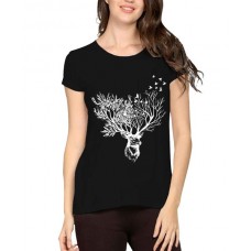 Caseria Women's Cotton Biowash Graphic Printed Half Sleeve T-Shirt - Deer Forest
