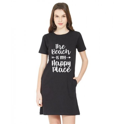 Caseria Women's Cotton Biowash Graphic Printed T-Shirt Dress with side pockets - Beach My Happy Place