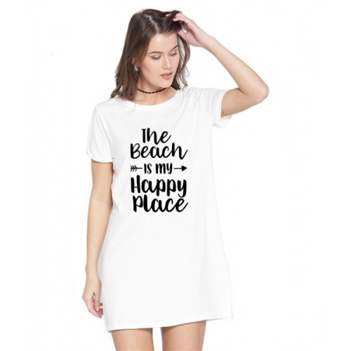 Women's Cotton Biowash Graphic Printed T-Shirt Dress with side pockets - Beach My Happy Place