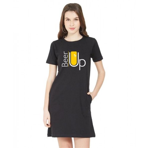 Women's Cotton Biowash Graphic Printed T-Shirt Dress with side pockets - Beer Upp