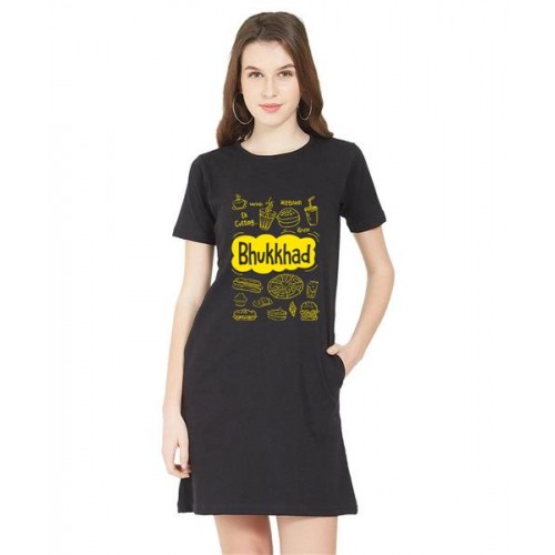 Women's Cotton Biowash Graphic Printed T-Shirt Dress with side pockets - Bhukkhad