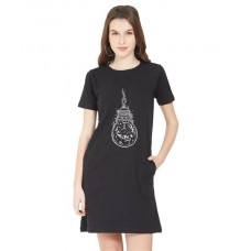 Women's Cotton Biowash Graphic Printed T-Shirt Dress with side pockets - Bulb Fish