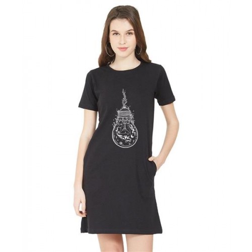 Caseria Women's Cotton Biowash Graphic Printed T-Shirt Dress with side pockets - Bulb Fish