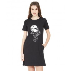 Caseria Women's Cotton Biowash Graphic Printed T-Shirt Dress with side pockets - Catch Me Astronaut