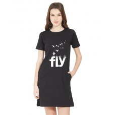 Caseria Women's Cotton Biowash Graphic Printed T-Shirt Dress with side pockets - Fly