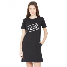 Women's Cotton Biowash Graphic Printed T-Shirt Dress with side pockets - I'm The Boss