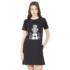 Women's Cotton Biowash Graphic Printed T-Shirt Dress with side pockets - Let The Music Play