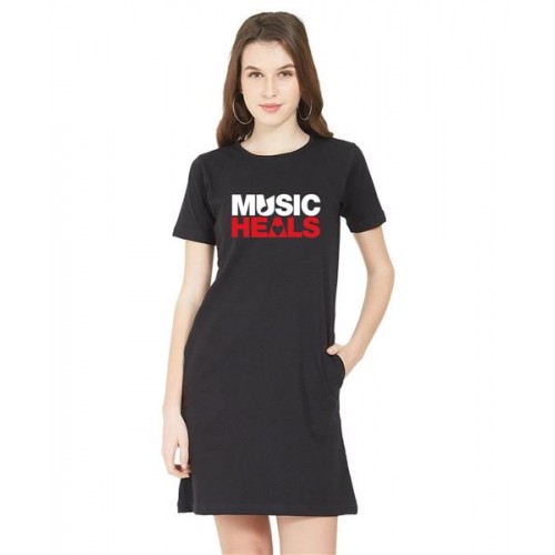 Caseria Women's Cotton Biowash Graphic Printed T-Shirt Dress with side pockets - Music Heals