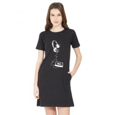 Women's Cotton Biowash Graphic Printed T-Shirt Dress with side pockets - Music Life