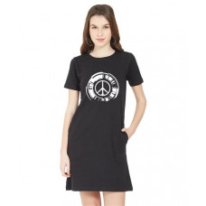 Women's Cotton Biowash Graphic Printed T-Shirt Dress with side pockets - Peace
