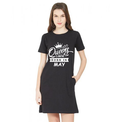 Caseria Women's Cotton Biowash Graphic Printed T-Shirt Dress with side pockets - Queens Born In May
