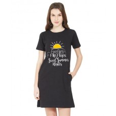 Caseria Women's Cotton Biowash Graphic Printed T-Shirt Dress with side pockets - Sweet Summer Nights