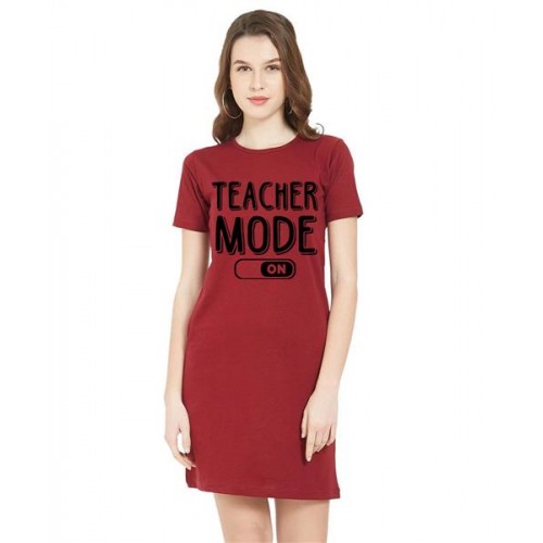 Women's Cotton Biowash Graphic Printed T-Shirt Dress with side pockets - Teacher Mode On