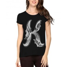 Caseria Women's Cotton Biowash Graphic Printed Half Sleeve T-Shirt - Letter K With Wings