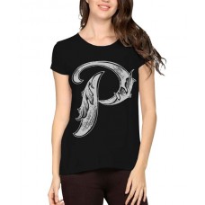 Caseria Women's Cotton Biowash Graphic Printed Half Sleeve T-Shirt - Letter P With Wings