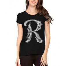 Caseria Women's Cotton Biowash Graphic Printed Half Sleeve T-Shirt - Letter R With Wings