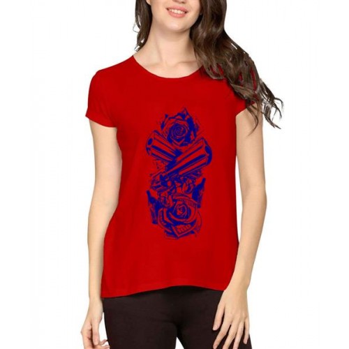 Women's Cotton Biowash Graphic Printed Half Sleeve T-Shirt - Money Rose Gun