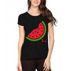 Women's Cotton Biowash Graphic Printed Half Sleeve T-Shirt - Watermelon Slice