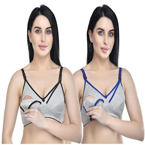 Buy Women's Cotton Non-Padded Non-Wired Maternity/Nursing/Feeding Bra-  Combo Pack of 2 Assorted Colors (Pop Black & Pop Blue) at