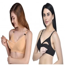 Women's Cotton Non-Padded Non-Wired Maternity/Nursing/Feeding Bra- Combo Pack of 2 Assorted Colors (Black & Skin)