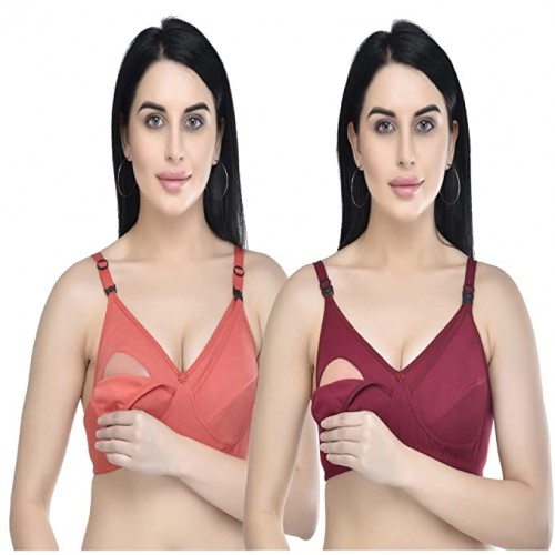 Buy Women's Cotton Non-Padded Non-Wired Maternity/Nursing/Feeding Bra-  Combo Pack of 2 Assorted Colors (Carrot & Maroon) at