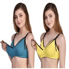 Women's Cotton Non-Padded Non-Wired Maternity/Nursing/Feeding Bra- Combo Pack of 2 Assorted Colors (Green & Yellow)