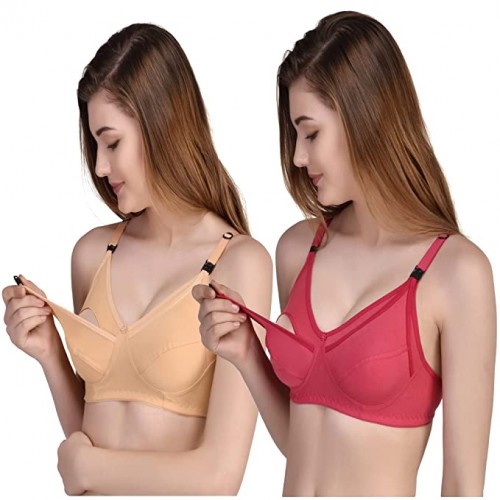 Women's Cotton Non-Padded Non-Wired Maternity/Nursing/Feeding Bra- Combo  Pack of 2 Assorted Colors (Skin & Red)