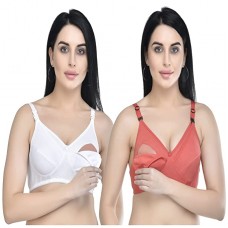 Women's Cotton Non-Padded Non-Wired Maternity/Nursing/Feeding Bra- Combo Pack of 2 Assorted Colors (White & Carrot)