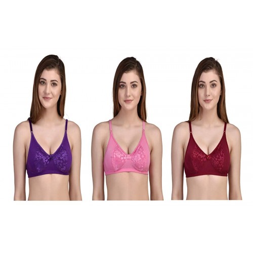 Buy Women's Girl's Cotton Non-Padded Regular Bra (Colour: Blue, Pink &  Maroon) at