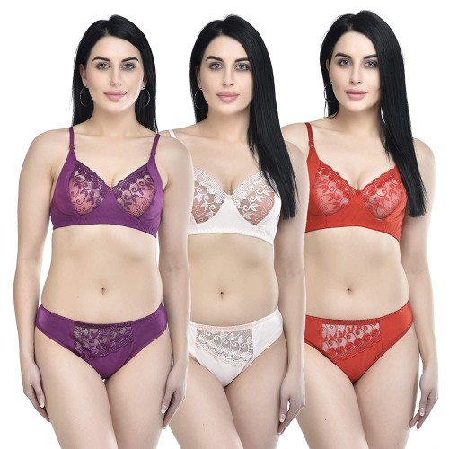 Buy Women's Laced Bra and Panty Combo Lingerie Set (Pack of 3) at