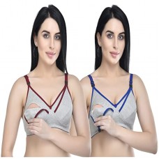 Women's Cotton Non-Padded Non-Wired Maternity/Nursing/Feeding Bra- Combo Pack of 2 Assorted Colors (Pop Blue & Pop Maroon)