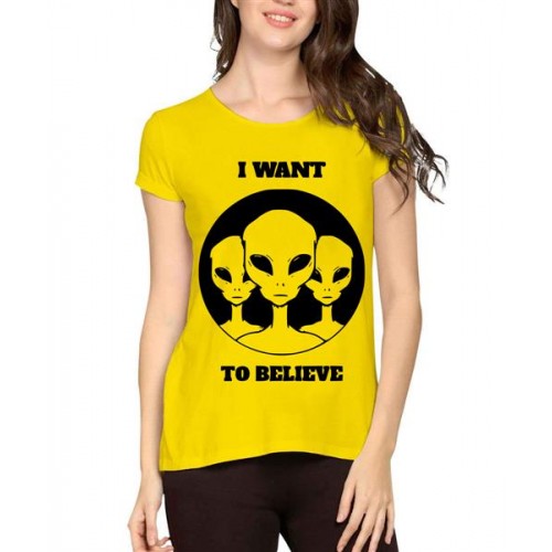 Women's Cotton Biowash Graphic Printed Half Sleeve T-Shirt - Aliens Believe