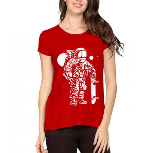 Women's Cotton Biowash Graphic Printed Half Sleeve T-Shirt - Astronaut Skateboard