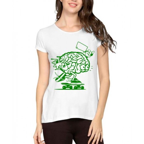 Women's Cotton Biowash Graphic Printed Half Sleeve T-Shirt - Brain Skateboard