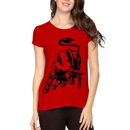 Women's Cotton Biowash Graphic Printed Half Sleeve T-Shirt - Bulls Bull