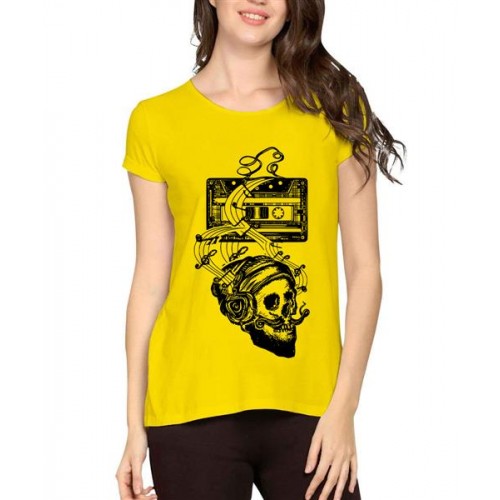 Women's Cotton Biowash Graphic Printed Half Sleeve T-Shirt - Cassette Music Skull
