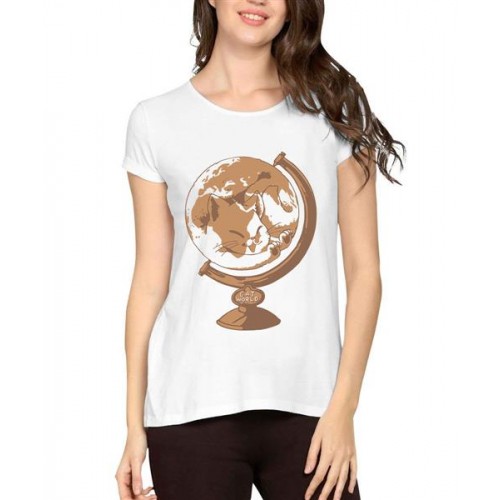 Women's Cotton Biowash Graphic Printed Half Sleeve T-Shirt - Cat World