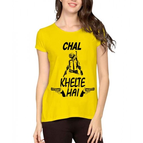 Women's Cotton Biowash Graphic Printed Half Sleeve T-Shirt - Chal Khelte Hai