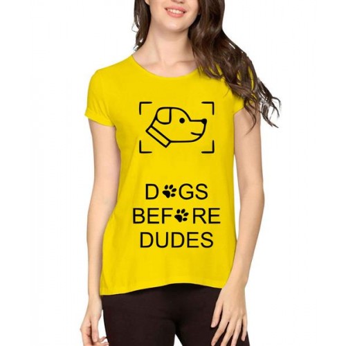 Women's Cotton Biowash Graphic Printed Half Sleeve T-Shirt - Dog Before Dudes